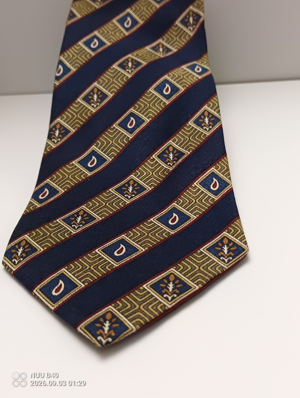 Geoffrey Beene Navy Tie with Gold and Burgundy Geometric Stripe